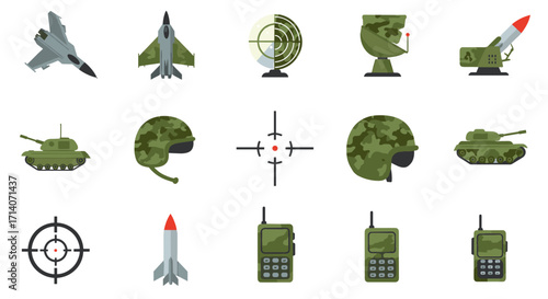 Military equipment icons set: tanks, jets, helmets, and communication devices in flat design
