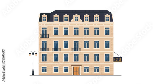 Elegant urban hotel building facade with classic architecture