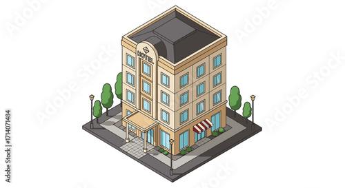 Isometric urban hotel building with trees and street lamps on corner lot