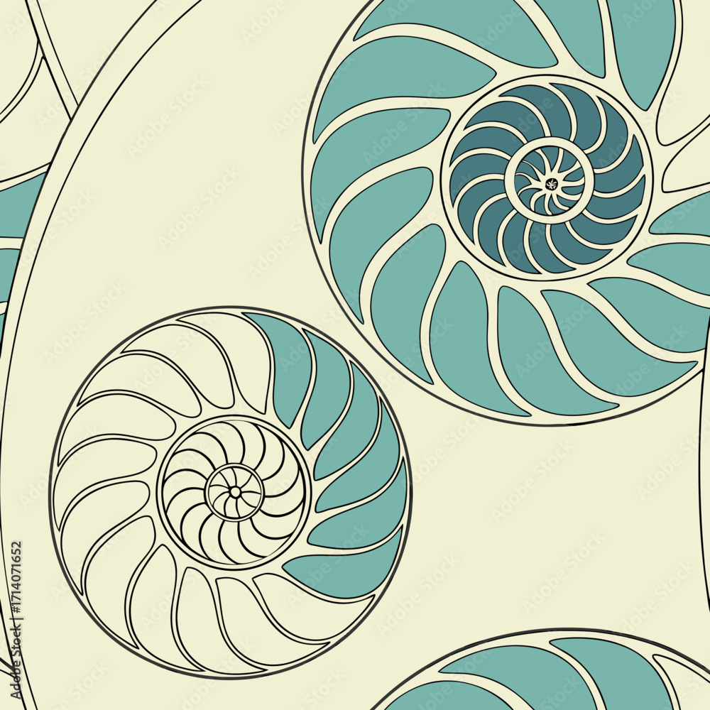 Obraz premium Seamless pattern of stylized nautilus shells in a repeating geometric design with a soft cream background and teal accents