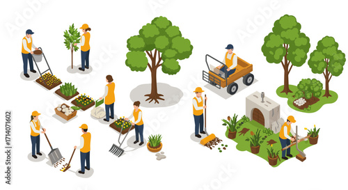 Isometric gardening workers with tools and trees in outdoor landscape scene