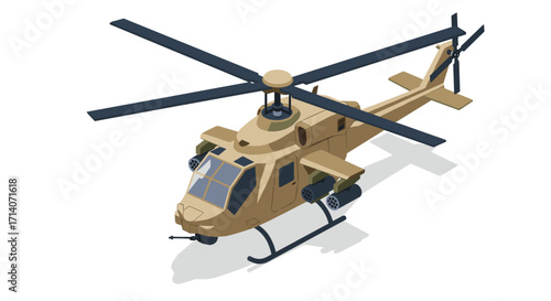 Isometric military helicopter with camouflage design on white background