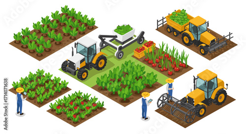 Modern farming isometric design with tractors and crops for agricultural innovation