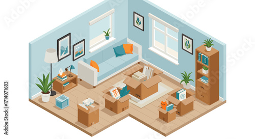 Cozy living room interior with moving boxes and furniture in isometric style