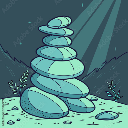 Serene stacked stones balanced on a tranquil shore under a mystical moonlight glow with faint stars and distant mountains