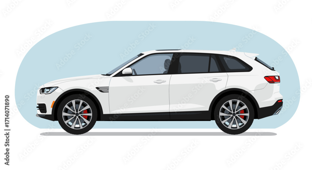 Obraz premium White suv side view on blue background in modern flat design