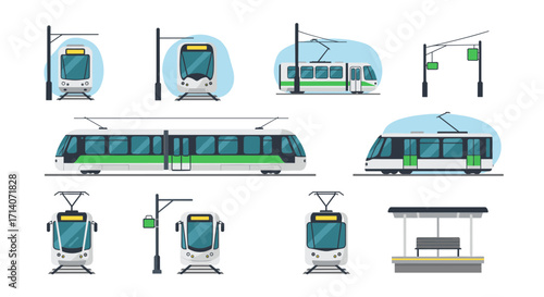 Modern urban tram set with isometric street elements and public transportation icons
