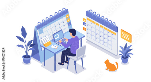 Isometric office workspace with calendar and cat for effective time management