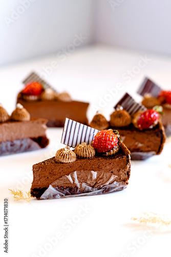 Photography Chocolate layered cake squares with cream filling topped with glossy chocolate decoration