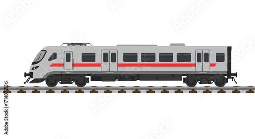 Modern electric train on rails with red stripe in flat design