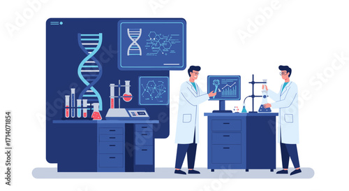 Scientists in modern lab conducting experiments with advanced equipment and dna analysis charts