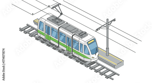 Modern isometric light rail transit train on urban track with overhead wire