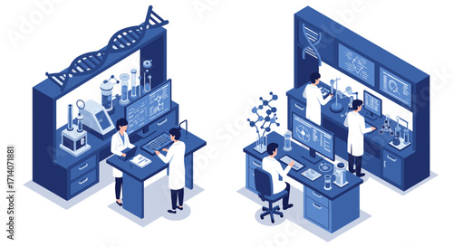 Innovative research lab with scientists analyzing data in isometric style