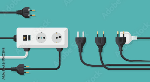 Modern electrical power plug and outlet on turquoise background