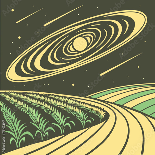 Stylized illustration of a cosmic planetary ring system hovering above a rural landscape with rows of crops and a winding road under a starry night sky with shooting stars