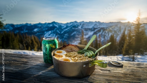 A hot pot of ramen and a cold beer; the perfect food pairing and rewarding meal after a day of winter adventure for a craft brewery campaign.
