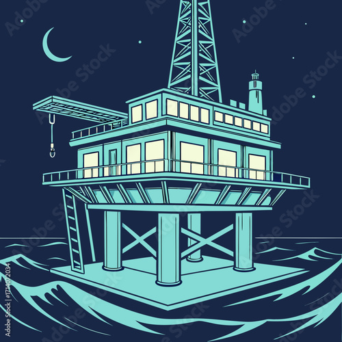 Stylized illustration of a glowing offshore oil rig at night with a crescent moon and stars illuminating the dark ocean waves below