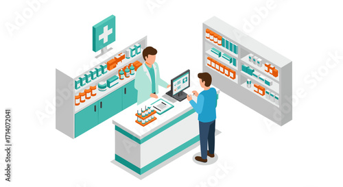 Pharmacy isometric design with pharmacist and customer in a modern medical store setting