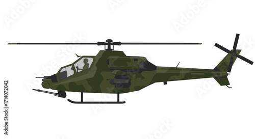 Military helicopter side view in camouflage with detailed features