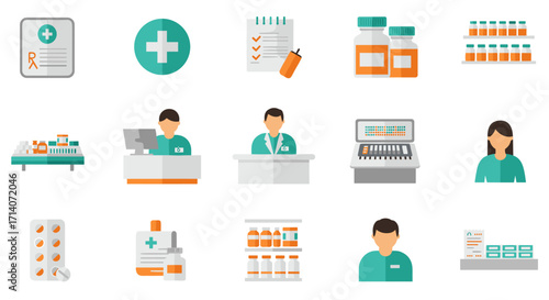 Pharmacy and medication concept with flat design icons featuring pharmacists and medicines