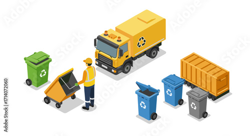 Isometric recycling scene with garbage truck and worker sorting waste bins