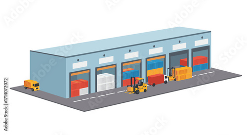 Modern warehouse with shipping containers and forklifts in isometric style