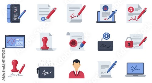 Digital document signature icons featuring modern technology and security elements for efficient workflows