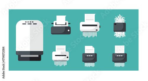 Modern office shredders set on turquoise background with flat design style