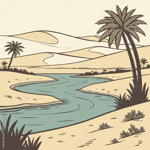 Stylized illustration of a desert oasis with a winding river palm trees and sand dunes under a pale sky