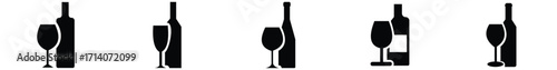 Wine Bottles and Glasses Silhouette Icon Set for Bar and Beverage Design.