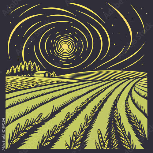 Stylized illustration of a vast agricultural field at night with a swirling celestial sky stars and a distant farmhouse nestled among trees