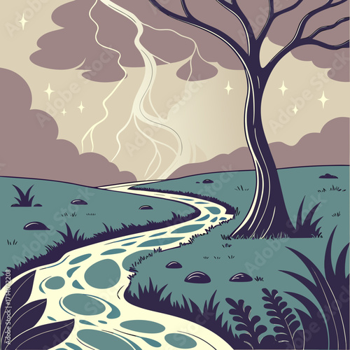 Stylized illustration of a winding river flowing through a grassy landscape under a dramatic sky with lightning and stars