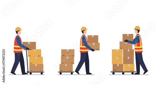 Workers moving boxes in safety gear and helmets