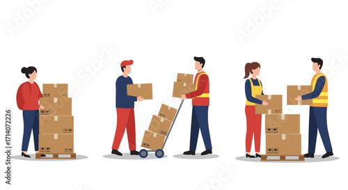 Warehouse team handling boxes in flat design on white background