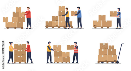 Warehouse workers organizing boxes on pallets in flat design