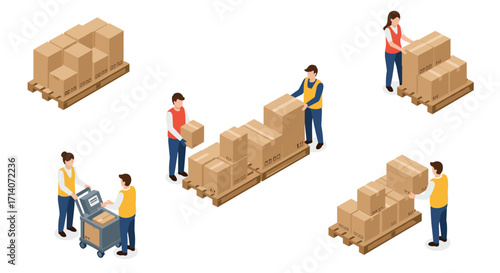 Warehouse workers managing cardboard boxes on pallets in isometric style