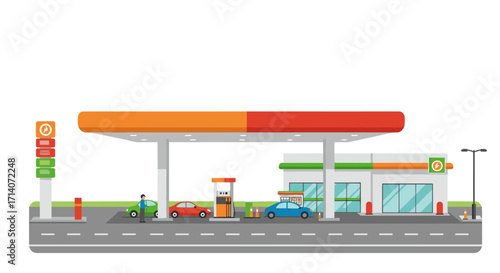 Modern flat style gas station with cars and convenience store