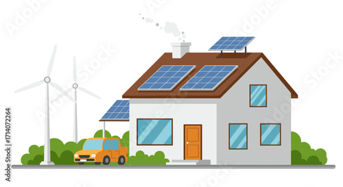Eco-friendly home with solar panels and wind turbines in flat style