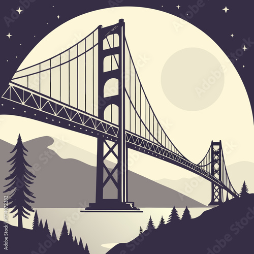 Stylized illustration of the golden gate bridge at night with a large moon and starry sky above calm water and silhouetted trees