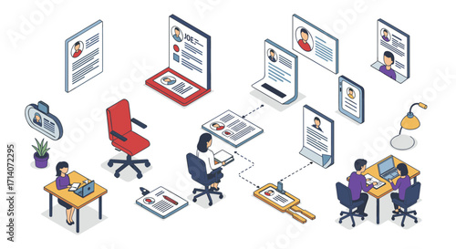 Isometric office job application process with online resume review and interview