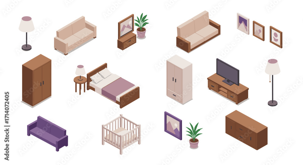 Fototapeta premium Isometric modern furniture set for home interiors