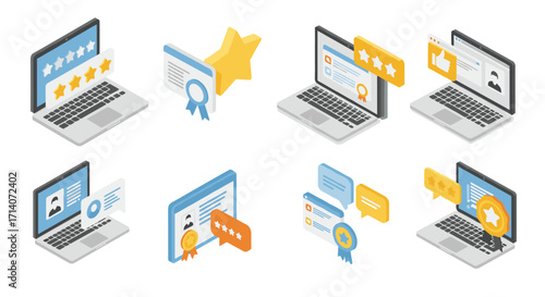 Isometric laptop with reviews and ratings in modern 3d design