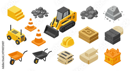 Construction equipment and materials in isometric style for building projects