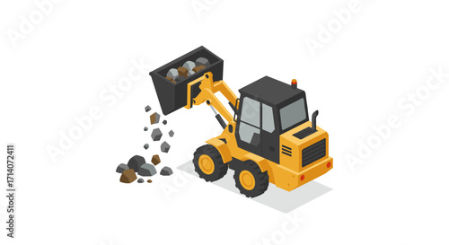 Isometric yellow bulldozer loading gravel with precision on construction site