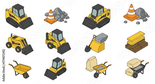Construction equipment and tools in isometric design for building and landscaping projects
