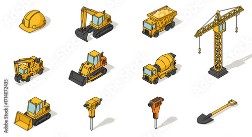 Heavy machinery and equipment in isometric style for construction projects