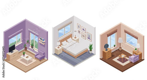 Cozy isometric room designs: living room, bedroom, and dining area in warm pastels