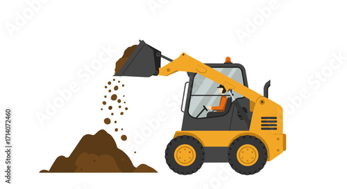 Compact loader moving soil with a bucket in a flat design on white