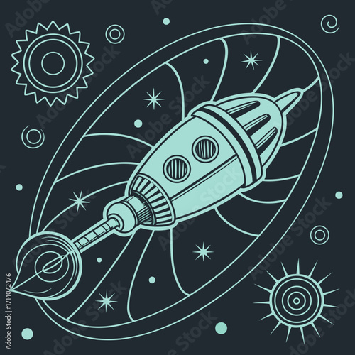 Stylized retro rocket ship with a paintbrush tip soaring through a cosmic oval frame with celestial bodies and stars in a dark background
