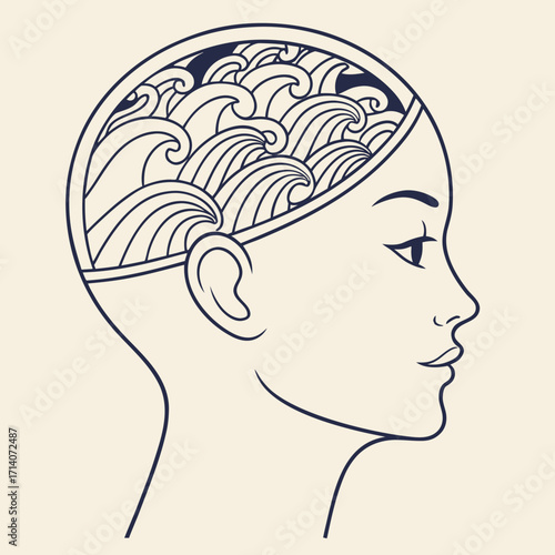 Stylized profile of a woman s head with swirling ocean waves artfully depicted within the open cranium symbolizing thoughts and emotions